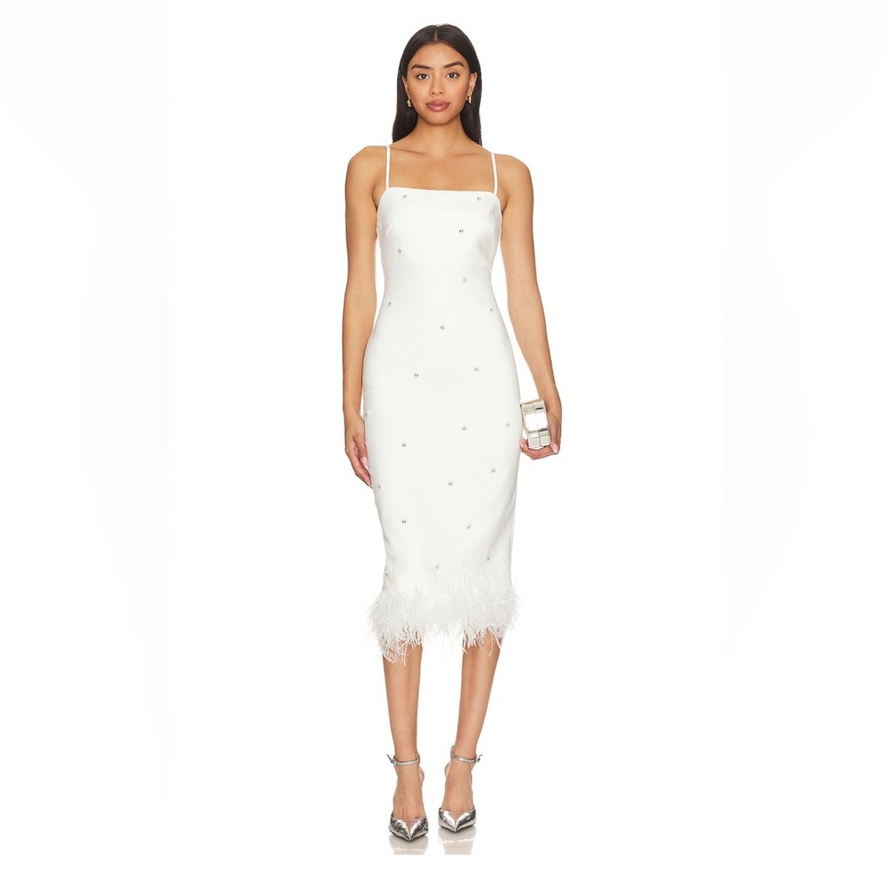 LIKELY Electra Embellished Feather Trim Midi Dress